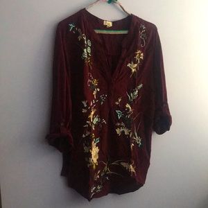 Anthro embroidered maroon blouse by Tiny M GUC